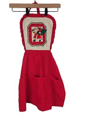 Vintage Gourmet Gallery Christmas Bib Apron Santa Claus Print Cotton Pockets